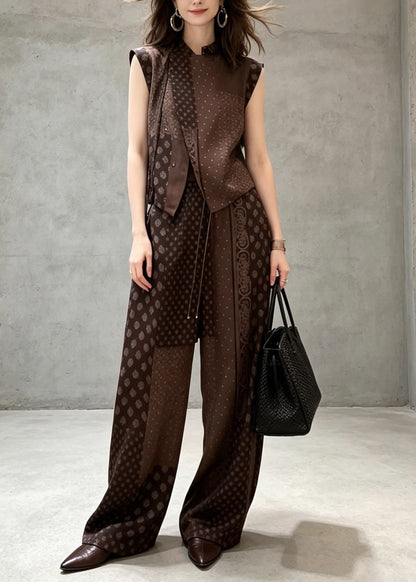Chinese Style Print Pockets Silk Two Pieces Set Sleeveless