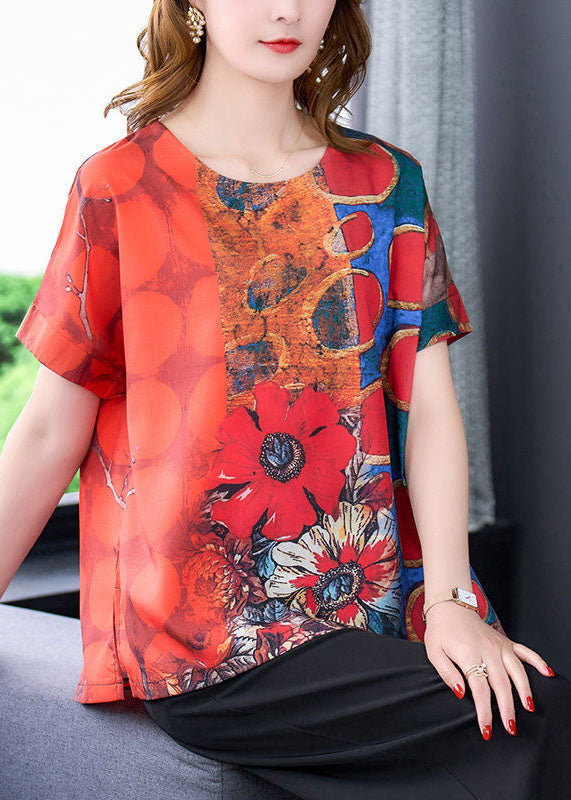 Red O-neck Print Side Open Silk Top Summer
