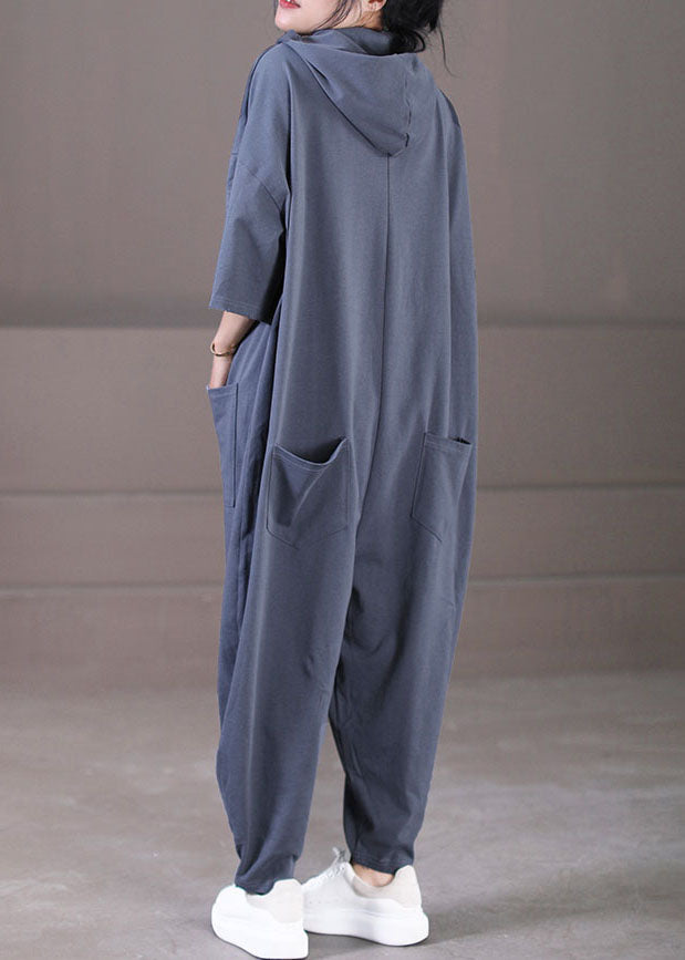 Loose Grey Hooded Pockets Color Button Cotton Jumpsuit Short Sleeve