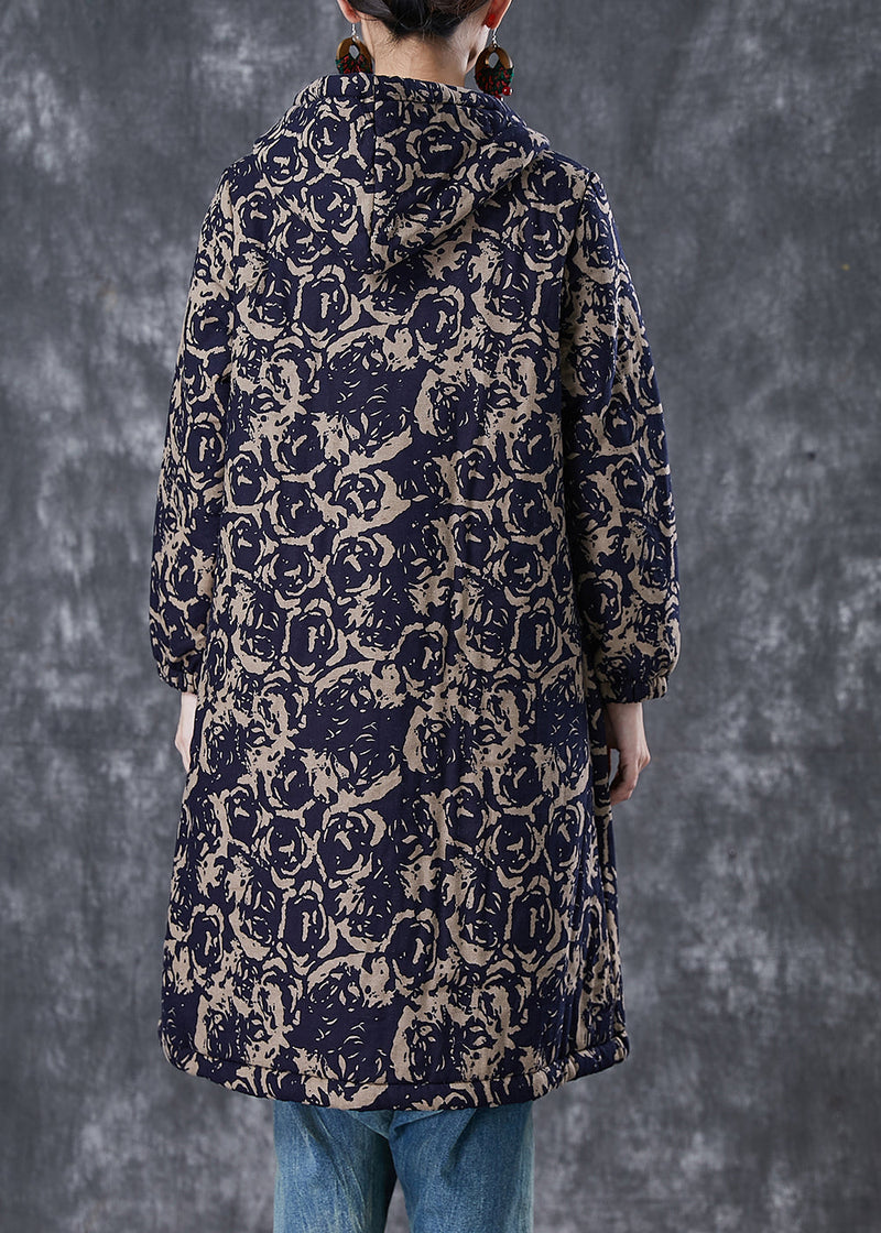 Diy Navy Hooded Print Warm Fleece Coats Winter