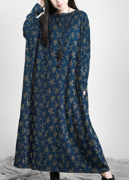 Handmade Blue Print Long Sleeve Fall Dress
