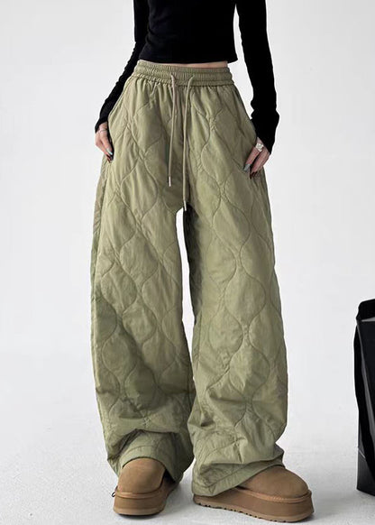 Army Green Pockets Elastic Waist Cotton Filled Pants Winter