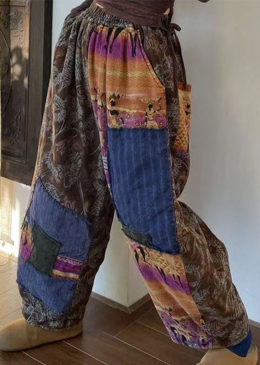 Colorblock Pockets Patchwork Fine Cotton Filled Pants Winter