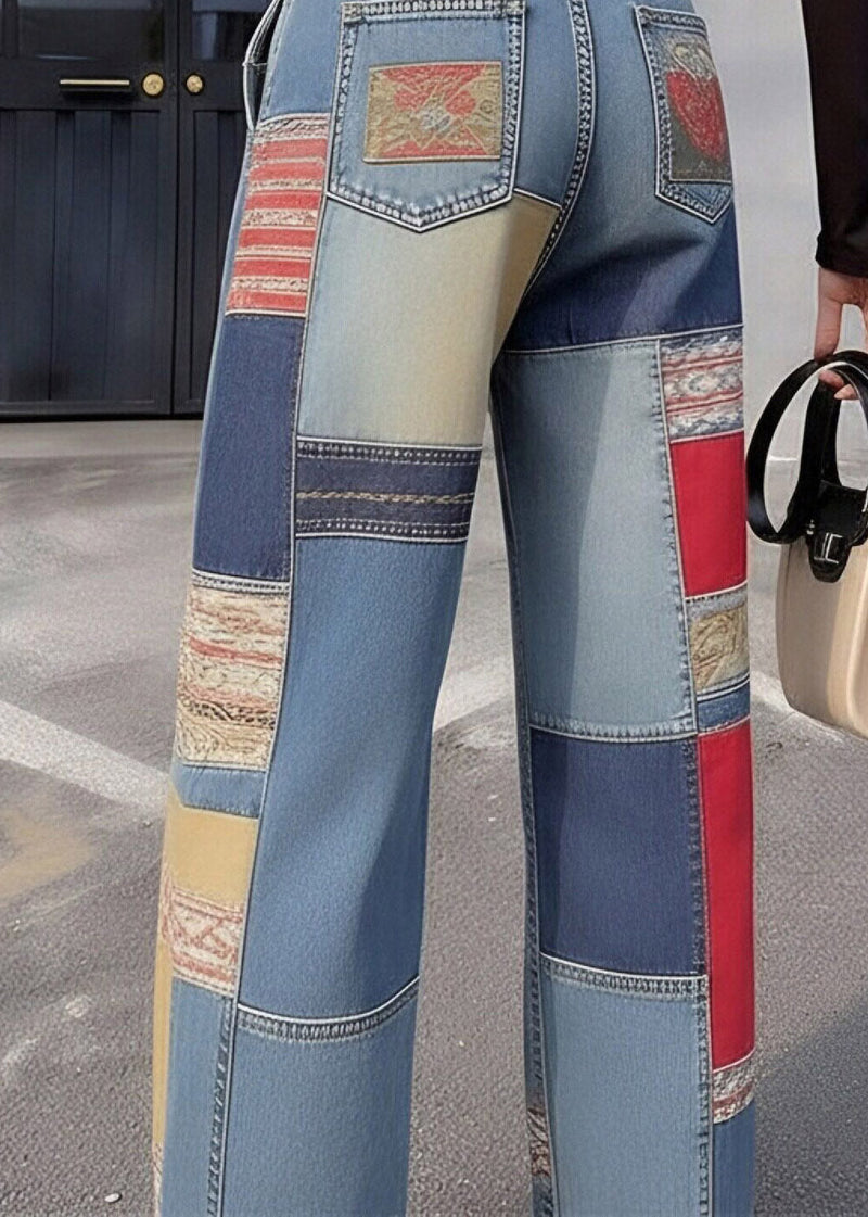 Blue Pockets Patchwork High Waist Wide Leg Jeans