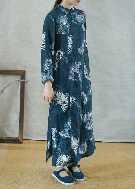 Blue Mandarin Collar Side Open Print Linen Long Dress Long Sleeve