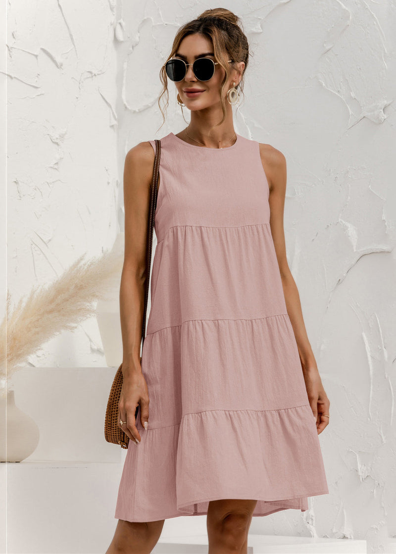 Round Neck Sleeveless Patchwork Cotton a Line Dress Summer