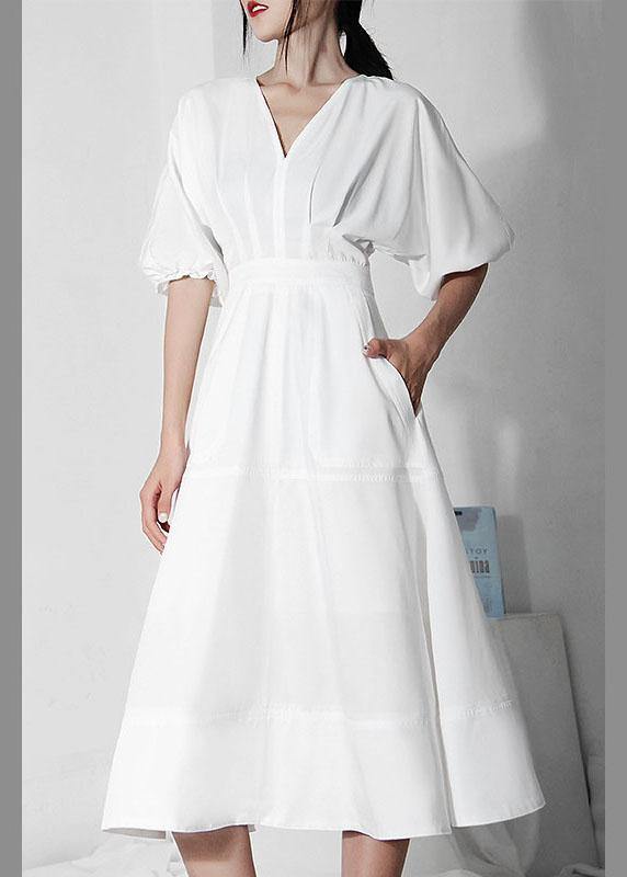 Comfy White V Neck Cotton Lantern Sleeve Summer Dress
