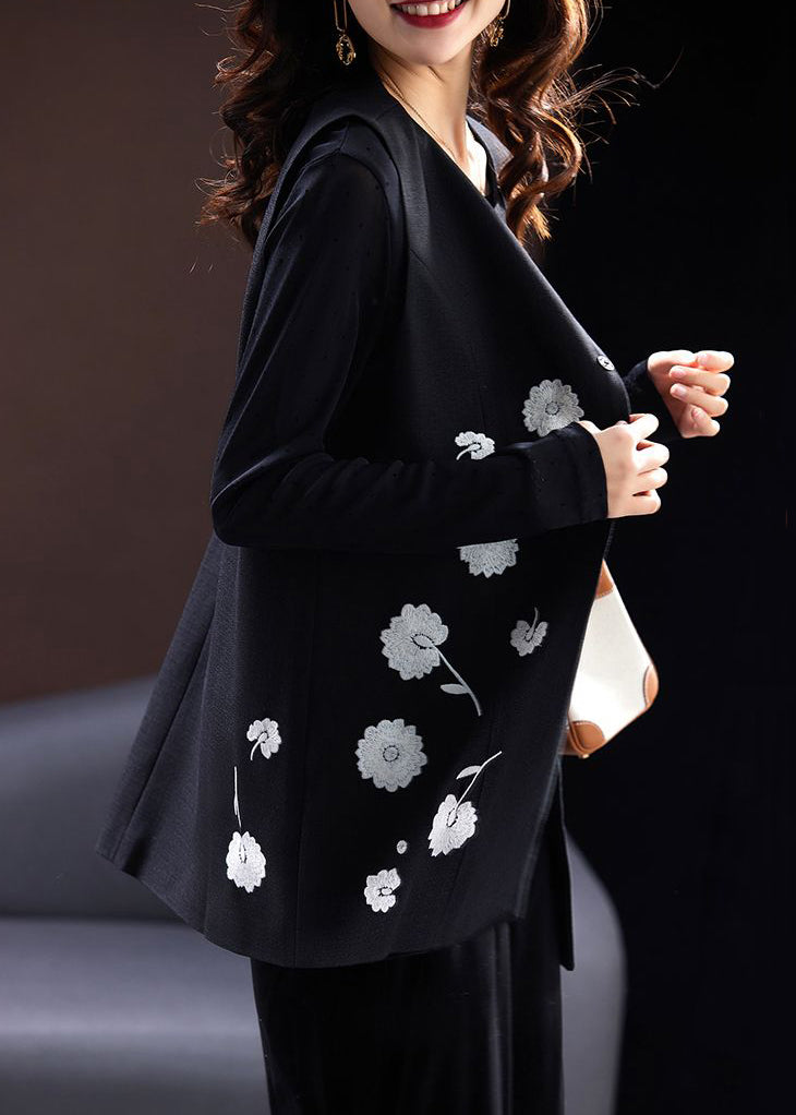 Black O-neck Embroideried Button Cotton Waistcoat Sleeveless