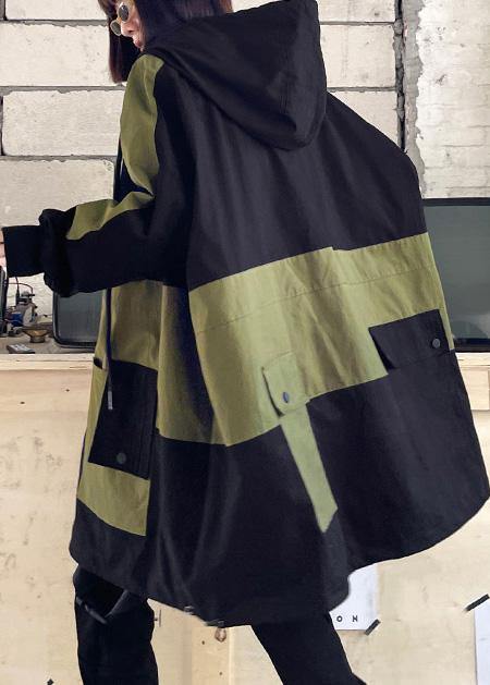 Black Pockets Cotton Zippered Spring Hoodie Coat