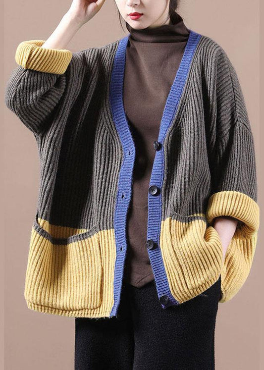 Dark Grey Pockets Colorblock Button Fall Sweater Jackets