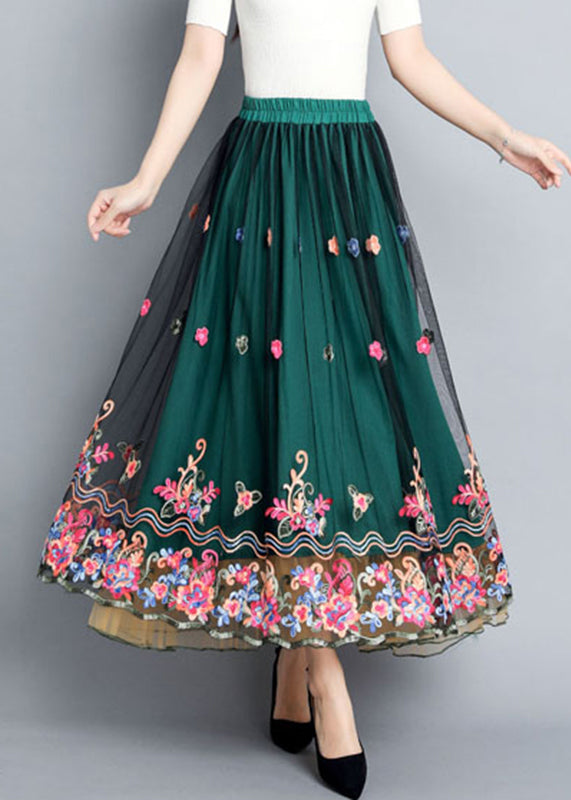 Green Embroideried Elastic Waist Tulle Skirts Summer