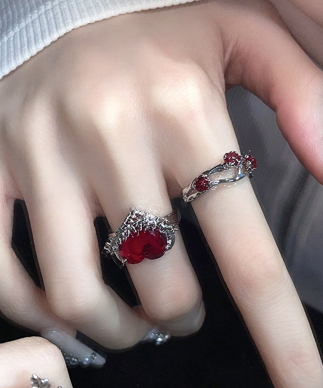Diy Red Stainless Steel Zircon Rose and Love Rings Two Piece Set