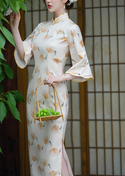 Stand Collar Print Button Side Open Velour Maxi Dress Long Sleeve