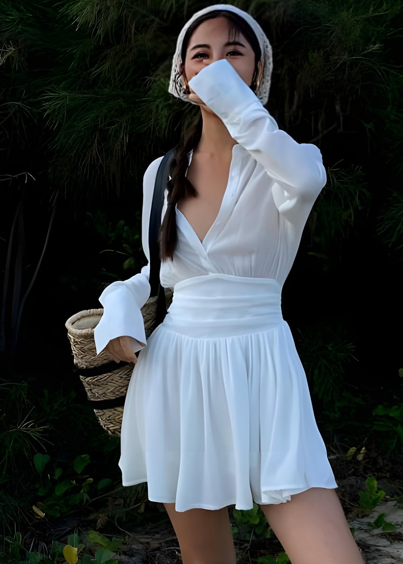 French White V Neck Shirt and Skirts Two Piece Set Fall