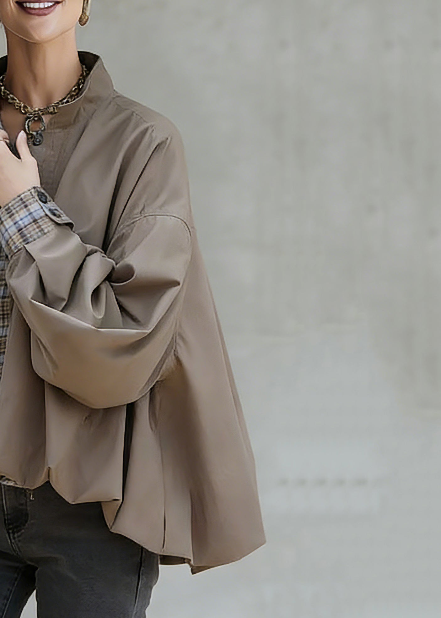 Khaki Stand Collar Pockets Patchwork Low High Design Coat Spring