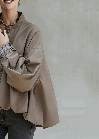 Khaki Stand Collar Pockets Patchwork Low High Design Coat Spring