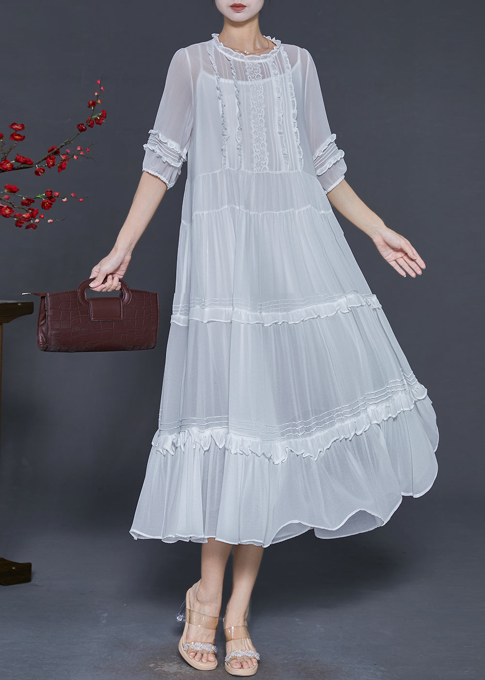 Natural White Ruffled Chiffon a L Ine Dresses Summer