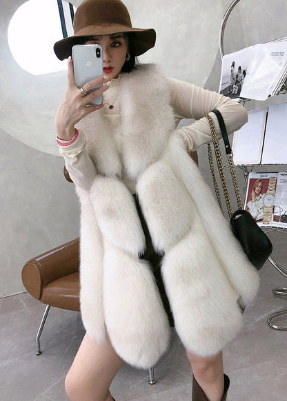 Simple White V Neck Thick Leather and Fur Waistcoat Winter