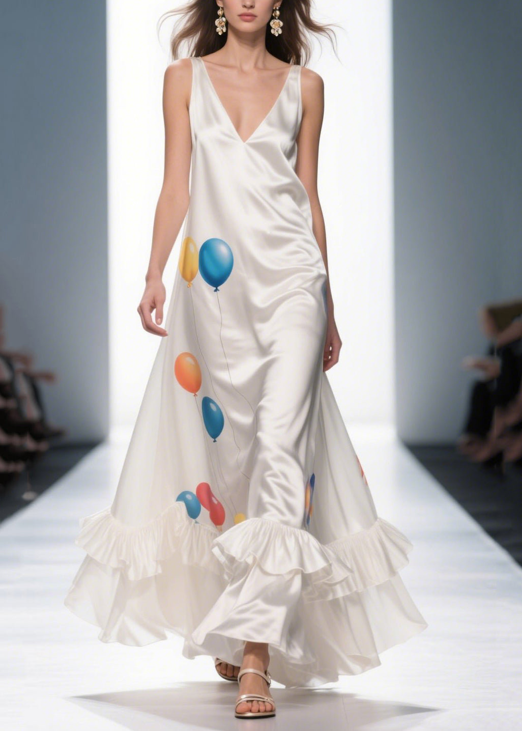 Milk White Ruffled Print Silk Vestidos Dress Summer