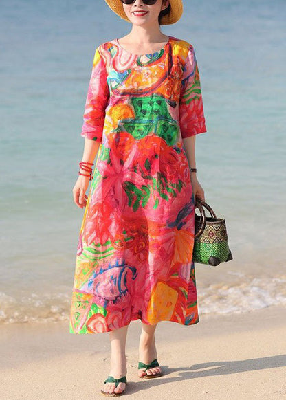 Red O Neck Print Pockets Cotton Vacation Dresses Half Sleeve