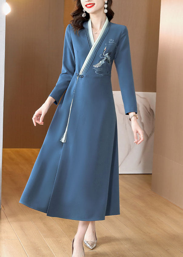 Blue Embroideried Button Long Dress Long Sleeve