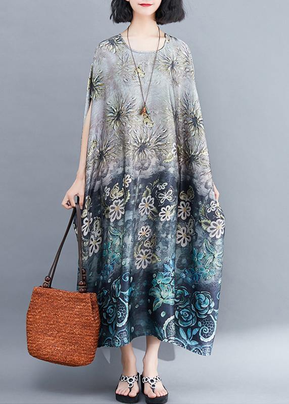 Gray Print Long O Neck Baggy Summer Dress