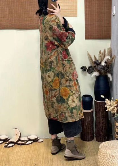 Green Pockets Print Chinese Button Fine Cotton Filled Coat Winter