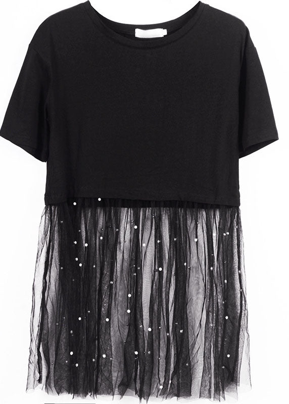 Classy Black O-neck Nail Bead Patchwork Summer Tulle Tee Short Sleeve