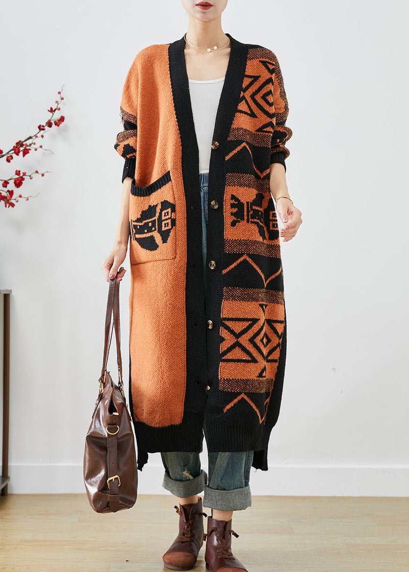 Orange Oversized Print Knit Cardigans Fall