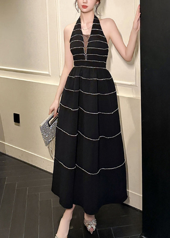 New Black V Neck Striped Zircon Backless Vacation Long Dresses Summer