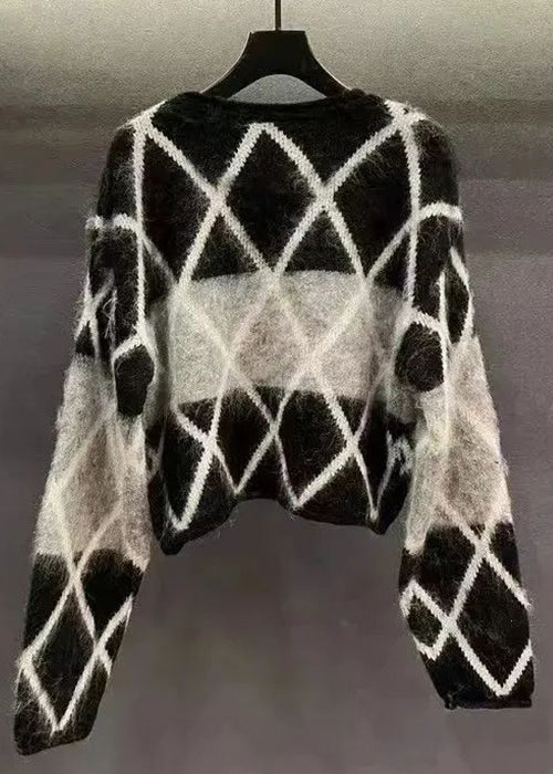 Black Plaid Sequined Patchwork Cotton Knit Sweaters Long Sleeve