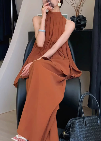 Stylish Caramel Stand Collar Wrinkled Chiffon Two Pieces Set Summer