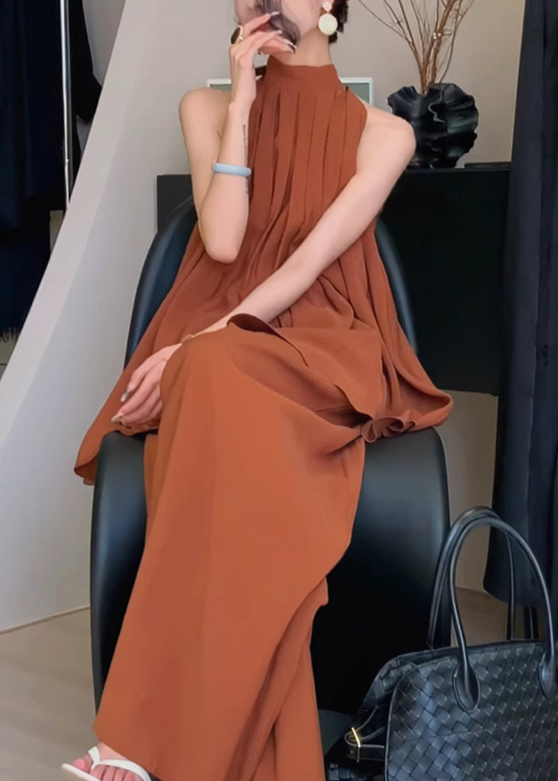 Stylish Caramel Stand Collar Wrinkled Chiffon Two Pieces Set Summer
