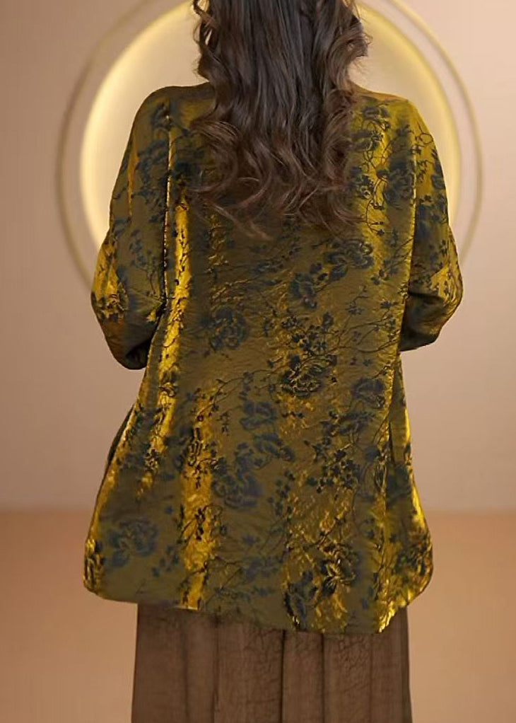 Gold V Neck Jacquard Silk Cardigan Fall