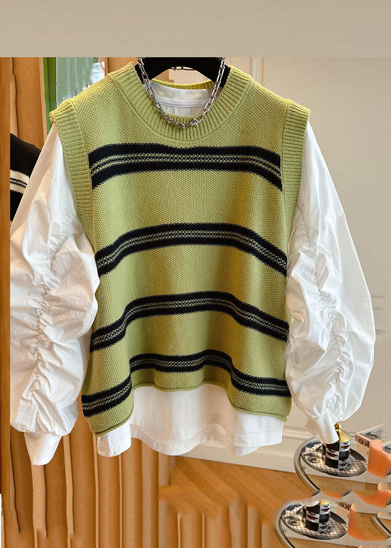 Stylish Black O-neck Striped Patchwork Knit Waistcoat and Shirts Two Pieces Set Long Sleeve