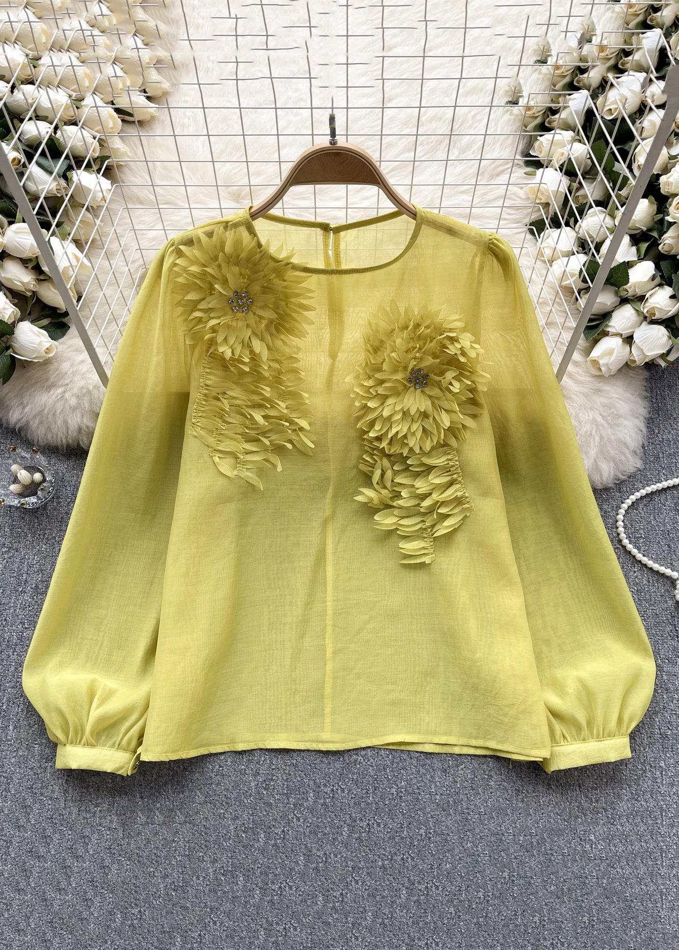 Yellow O Neck Chiffon Shirts Long Sleeve