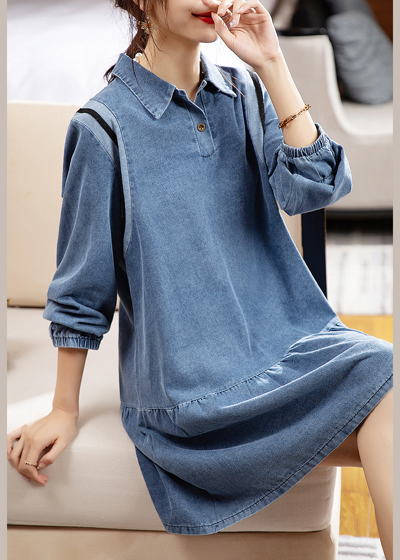 Loose Blue Peter Pan Collar Patchwork Denim Mid Dress Spring