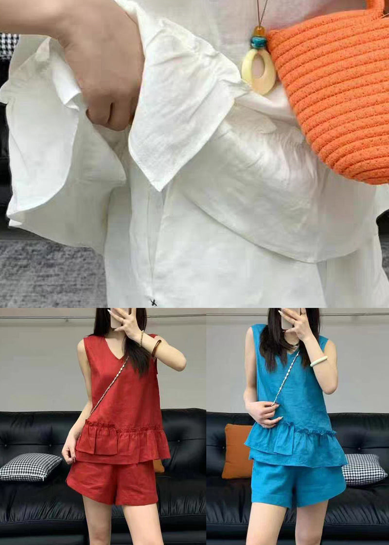 New White Ruffled Pockets Linen Two Pieces Set Summer