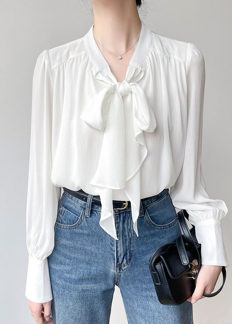 White Bow Draping Chiffon Tops Spring
