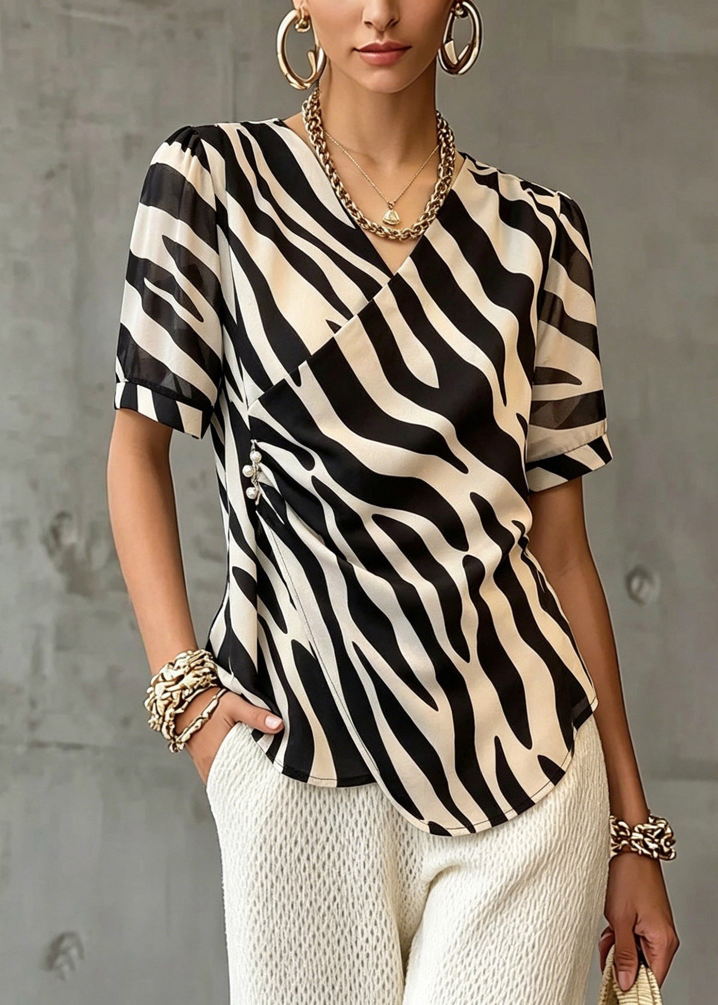 Modern Striped Patchwork Wrinkled T Shirt Short Sleeve