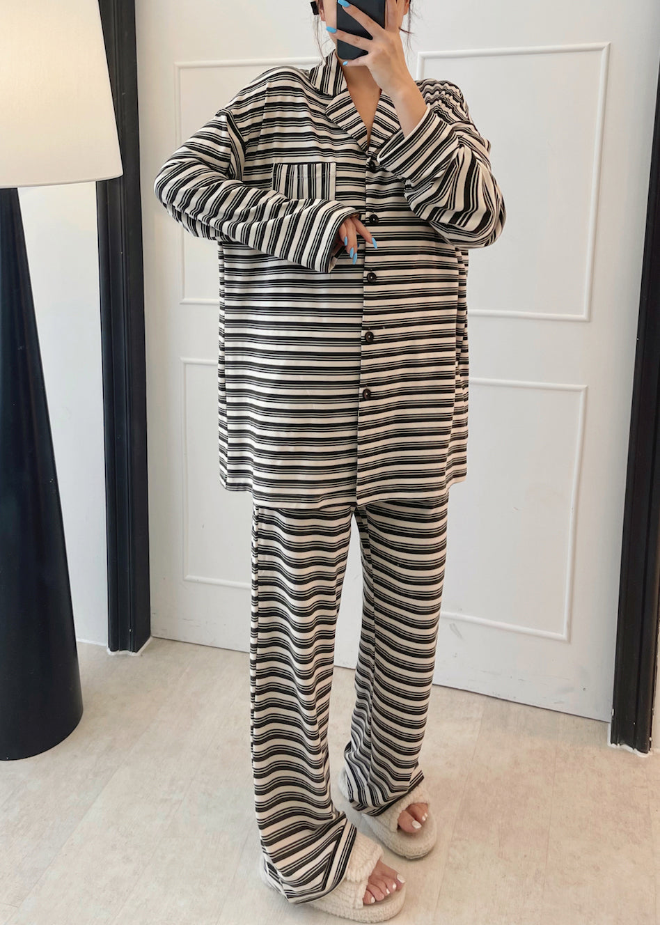 Black Striped Patchwork Cotton Two Piece Set Long Sleeve