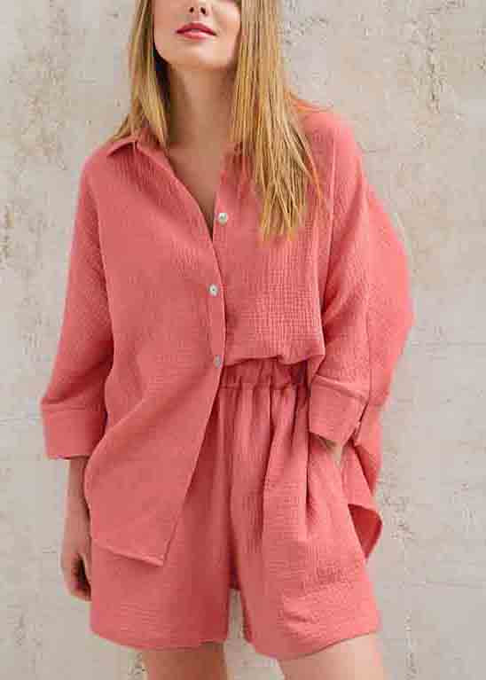 Art Color Oversized Cotton Shirts and Shorts Two Pieces Set Long Sleeve