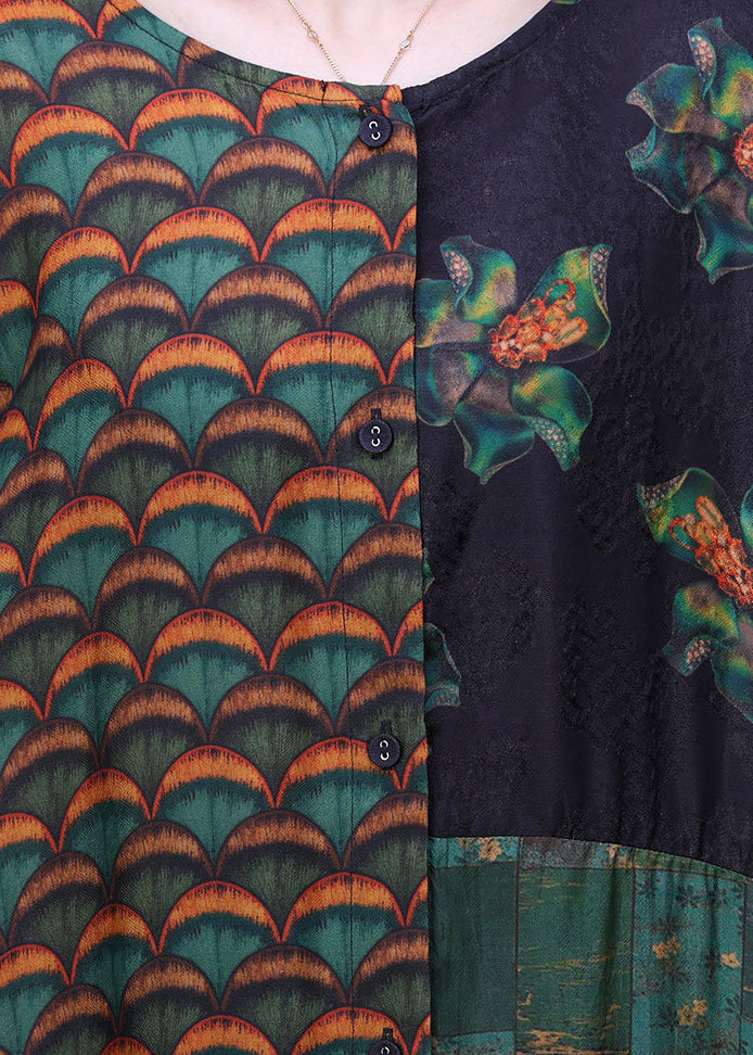 Natural Green O-neck Asymmetrical Print Patchwork Silk Cardigans and Wide Leg Pants Two Pieces Set Long Sleeve