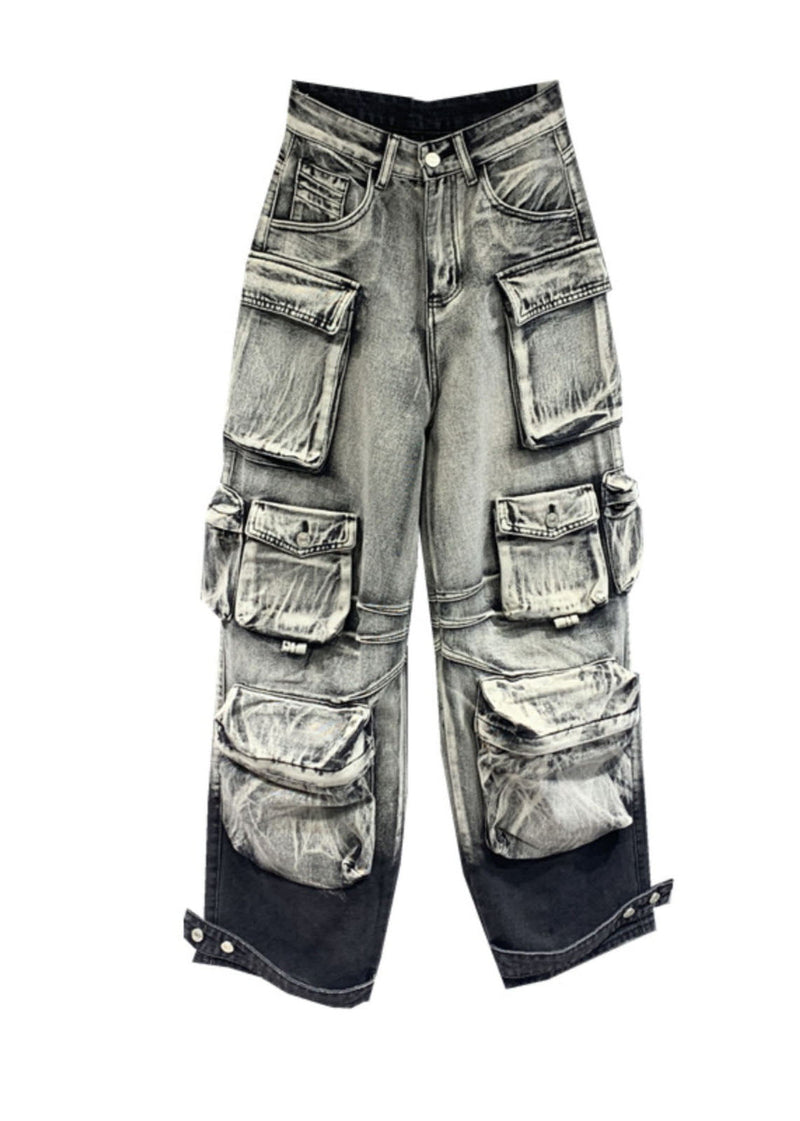 Gradient Color Grey Pockets Patchwork Straight Jeans Spring