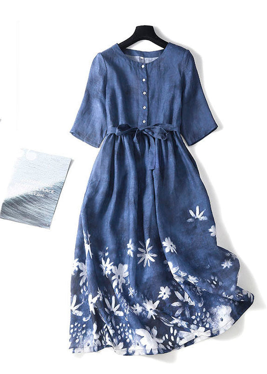 Blue O-neck Print Tie Waist Cotton Long Dresses Short Sleeve