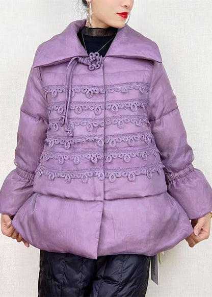 Purple Peter Pan Collar Button Patchwork Duck Down Coat Winter