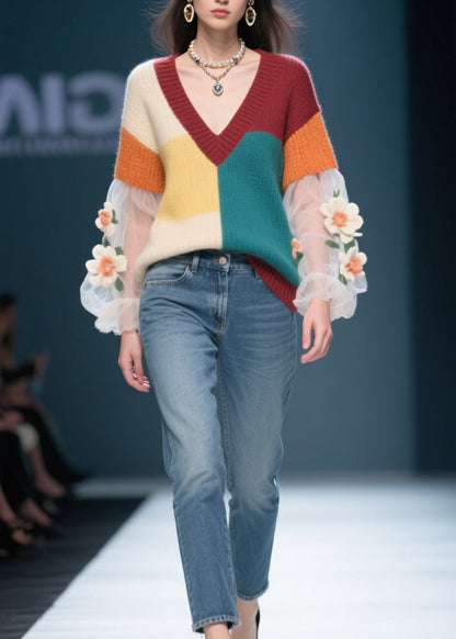 Colorblock Tulle Patchwork Knit Sweater Fall
