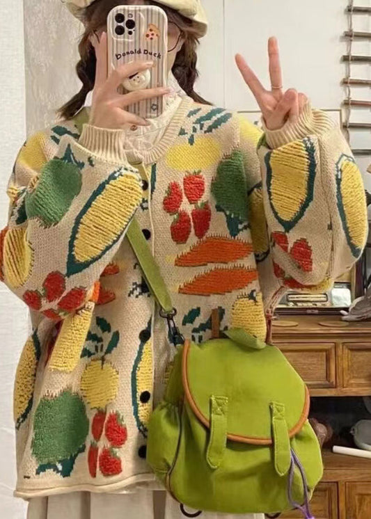 Apricot O Neck Jacquard Loose Knit Cardigan Spring