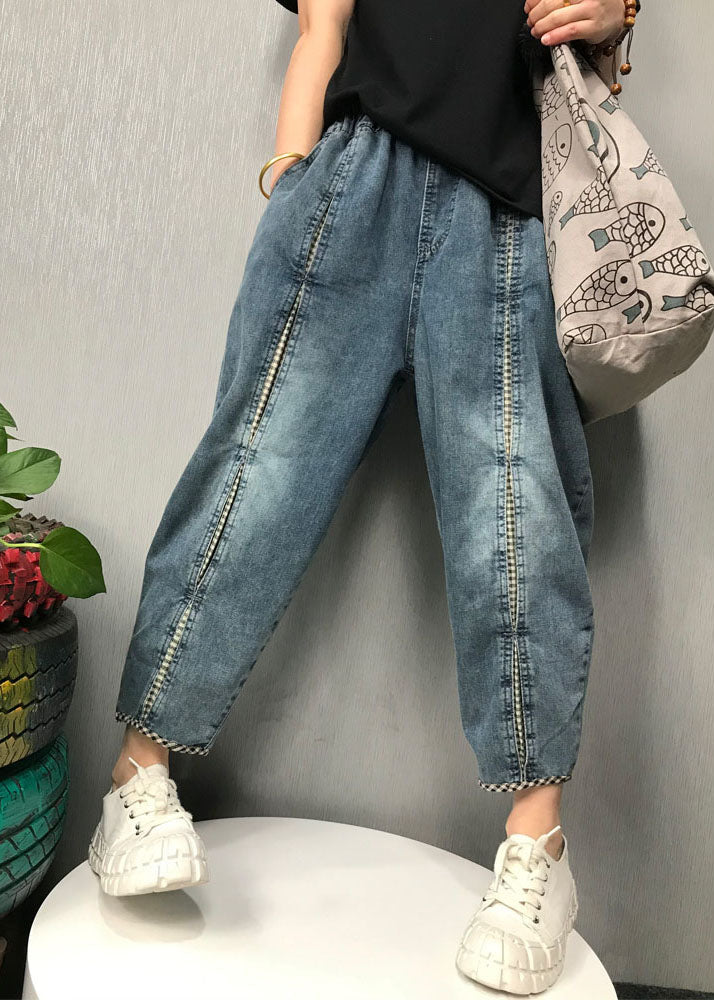 Blue Plaid Patchwork Denim Pants Spring