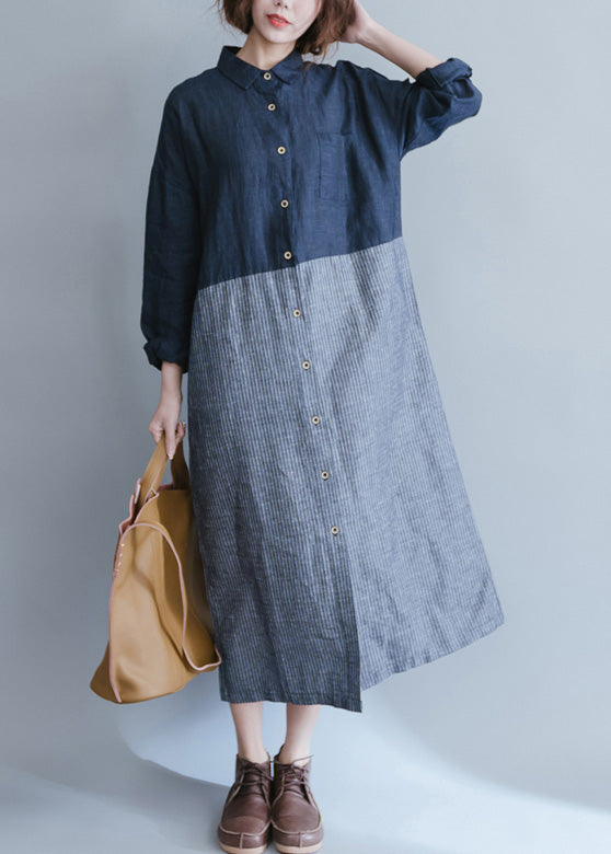 French Patchwork Cotton Wardrobes Fitted Work Blue Striped Cotton Robes Dress Spring